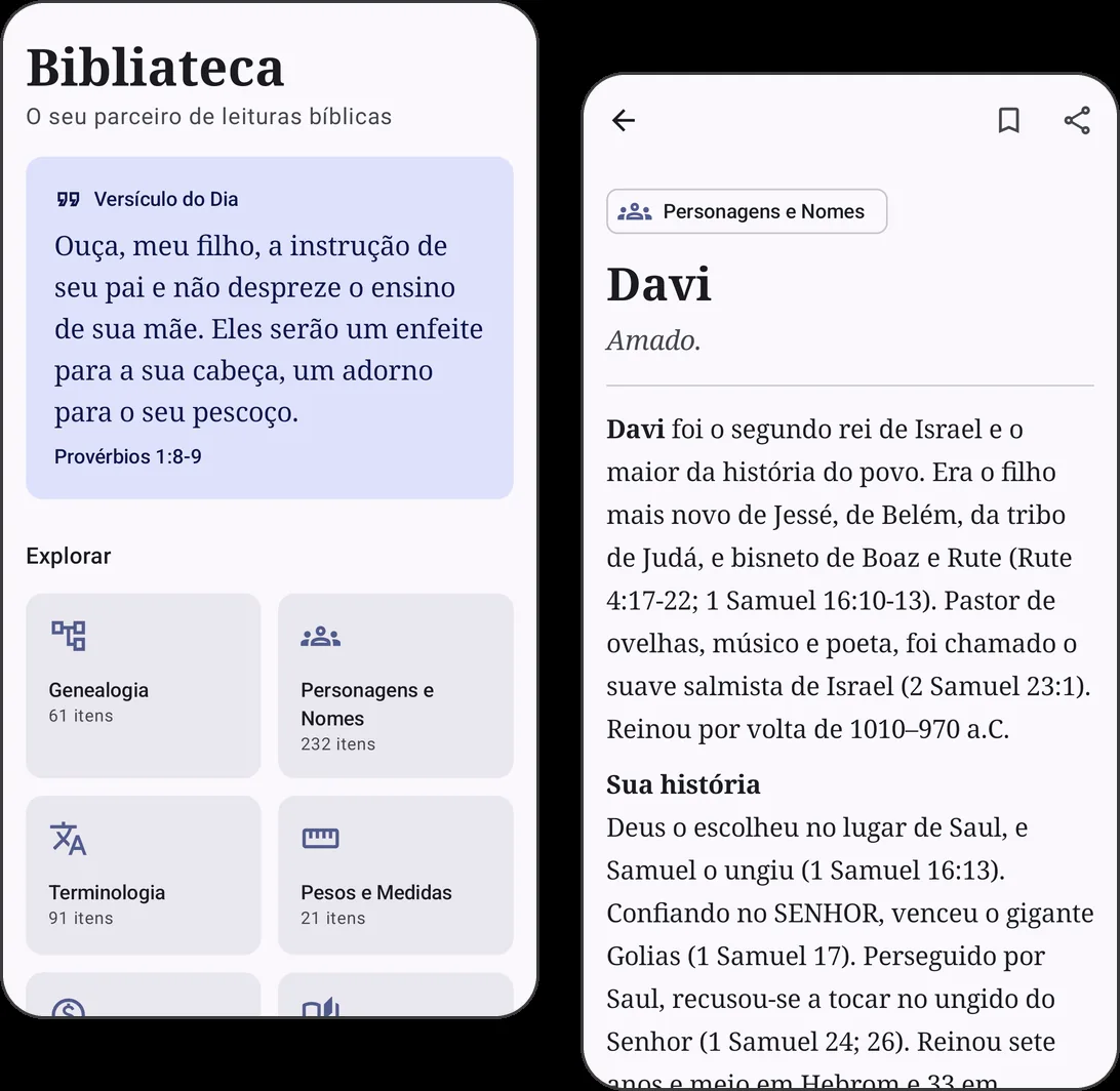 Telas do app: início com o Versículo do Dia e o verbete de Davi